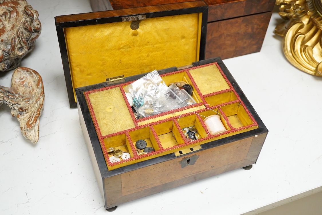 A 19th century burr walnut work box and a French burr wood and Sevres style porcelain mounted work box, 30.5cm wide x 14cm high.